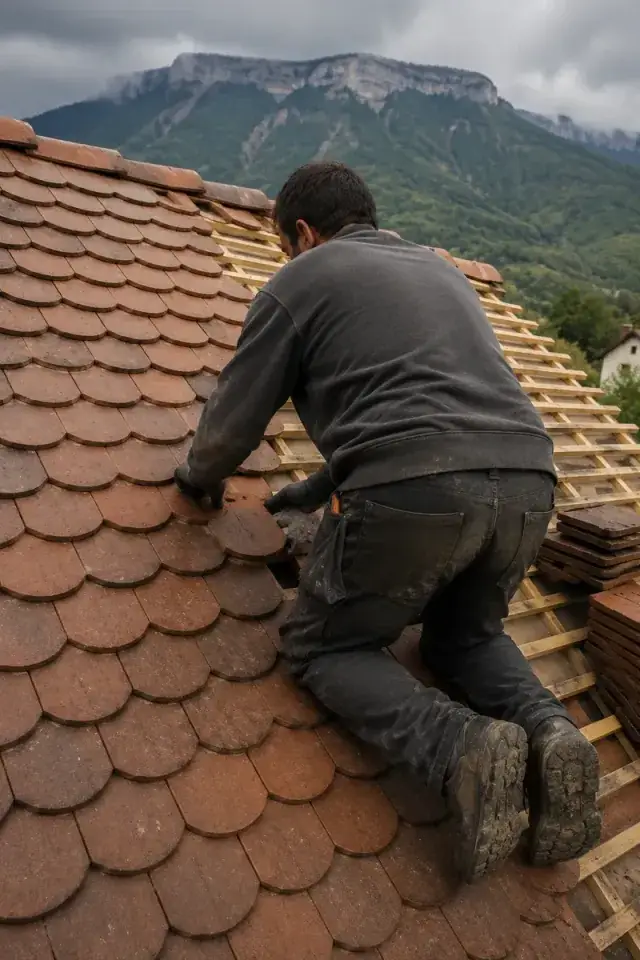 Couvreur de dos, agenouillé sur un versant de tuiles écaille en cours de pose, massifs enneigés de l'Isère en arrière-plan